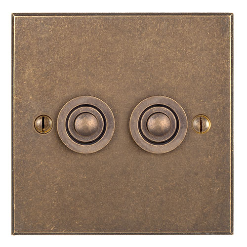 2 Gang Brass Button Switch in Antiqued Brass, Bevelled