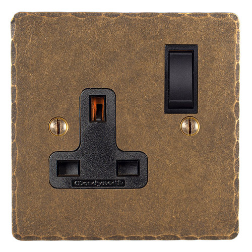 1 Gang Plug Socket Antiqued Brass Hammered Plate, Black Switch