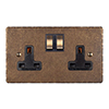 2 Gang Plug Socket Antiqued Brass Hammered Plate, Brass Switches