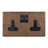 2 Gang Plug Socket Antiqued Brass Hammered Plate, Black Switches