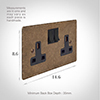 2 Gang Plug Socket Antiqued Brass Hammered Plate, Black Switches