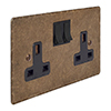 2 Gang Plug Socket Antiqued Brass Hammered Plate, Black Switches