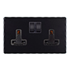 2 Gang Plug Socket Matt Black Hammered Plate, Black Switches