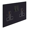 2 Gang Plug Socket Matt Black Bevelled Plate, Black Switches