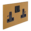 2 Gang Plug Socket Old Gold Bevelled Plate, Black Switches