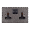 2 Gang Plug Socket Polished Hammered Plate, Black Switches