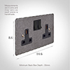 2 Gang Plug Socket Polished Hammered Plate, Black Switches