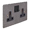 2 Gang Plug Socket Polished Hammered Plate, Black Switches