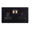 2 Gang Plug Socket Matt Black Hammered Plate, Brass Switches