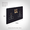 2 Gang Plug Socket Matt Black Hammered Plate, Brass Switches