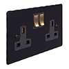 2 Gang Plug Socket Matt Black Hammered Plate, Brass Switches