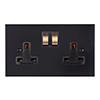 2 Gang Plug Socket Matt Black Bevelled Plate, Brass Switches