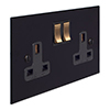 2 Gang Plug Socket Matt Black Bevelled Plate, Brass Switches