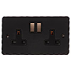 2 Gang Plug Socket Matt Black Hammered Plate, Steel Switches