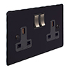 2 Gang Plug Socket Matt Black Hammered Plate, Steel Switches