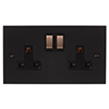 2 Gang Plug Socket Matt Black Bevelled Plate, Steel Switches