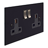 2 Gang Plug Socket Matt Black Bevelled Plate, Steel Switches