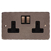 2 Gang Plug Socket Polished Hammered Plate, Steel Switches