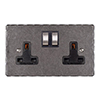 2 Gang Plug Socket Polished Hammered Plate, Steel Switches