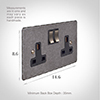 2 Gang Plug Socket Polished Hammered Plate, Steel Switches