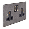 2 Gang Plug Socket Polished Hammered Plate, Steel Switches