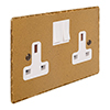 2 Gang Plug Socket Old Gold Hammered Plate, White Switches