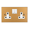 2 Gang Plug Socket Old Gold Bevelled Plate, White Switches