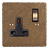 1 Gang Plug Socket Antiqued Brass Hammered Plate, Brass Switch