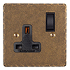 1 Gang Plug Socket Antiqued Brass Hammered Plate, Black Switch