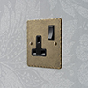 1 Gang Plug Socket Antiqued Brass Hammered Plate, Black Switch