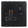 1 Gang Plug Socket Matt Black Hammered Plate, Black Switch