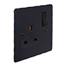 1 Gang Plug Socket Matt Black Hammered Plate, Black Switch