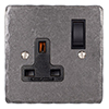 1 Gang Plug Socket Polished Hammered Plate, Black Switch
