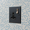 1 Gang Plug Socket Matt Black Bevelled Plate, Brass Switch