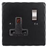 1 Gang Plug Socket Matt Black Hammered Plate, Steel Switch