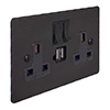 13 Amp 2 Gang Plug Socket Dual USB Port Beeswax Hammered Plate, Black Switches