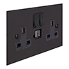 13 Amp 2 Gang Plug Socket Dual USB Port Beeswax Bevelled Plate, Black Switches