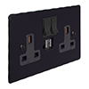 13amp 2 Gang Plug Socket Dual USB Port Matt Black Hammered Plate, Black Switches