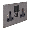 13 Amp 2 Gang Plug Socket Dual USB Port Polished Hammered Plate, Black Switches