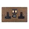 13 Amp 2 Gang Plug Socket Dual USB Port Antiqued Brass Hammered Plate, Brass Switches