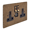 13 Amp 2 Gang Plug Socket Dual USB Port Antiqued Brass Hammered Plate, Brass Switches