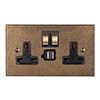 13 Amp 2 Gang Plug Socket Dual USB Port Antiqued Brass Bevelled Plate, Brass Switches