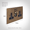 13 Amp 2 Gang Plug Socket Dual USB Port Antiqued Brass Bevelled Plate, Brass Switches