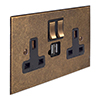 13 Amp 2 Gang Plug Socket Dual USB Port Antiqued Brass Bevelled Plate, Brass Switches