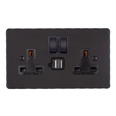 2 Gang Dual USB/Plug Socket Black Switch Hammered
