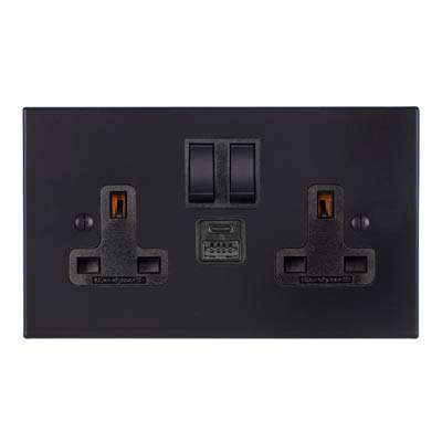 2 Gang Dual Usb-A/C Port Plug Socket, Black, Bevelled