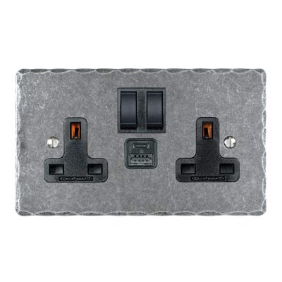 2 Gang Dual Usb-A/C Port Plug Socket, Black, Hammered