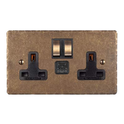 2 Gang Dual Usb-A/C Port Plug Socket, Brass