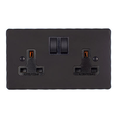 2 Gang Plug Socket Black Switch Hammered