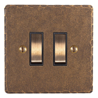 2 Gang Brass Grid Switch Hammered Plate